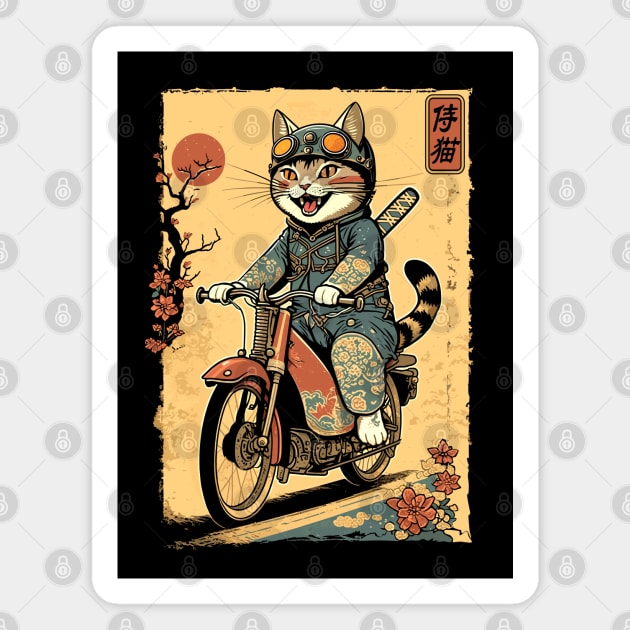 Japanese Samurai Cat on Motorcycle Kawaii Ninja Cat Magnet by Apocatnipse Meow